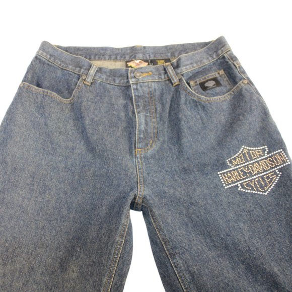 Harley Davidson Classic Blue Wash Logo Studded Boot/Flare Jeans, Size 12 - Picture 7 of 10